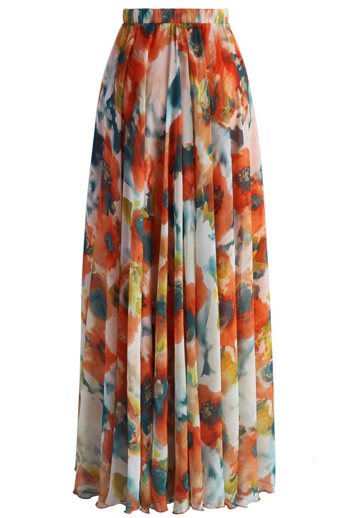 Orange Blossom Watercolor Maxi Skirt | Chicwish