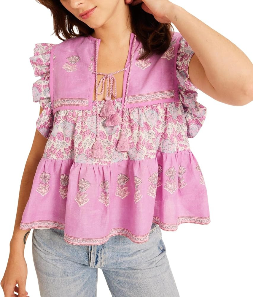 Foidiccx Peplum Top Women Short Sleeve Flutter Fly Sleeve Babydoll Blouse Boho Patchwork Beach Party Going Out Y2k Tank Shirt at Amazon Women\u2019s Clothing store | Amazon (US)