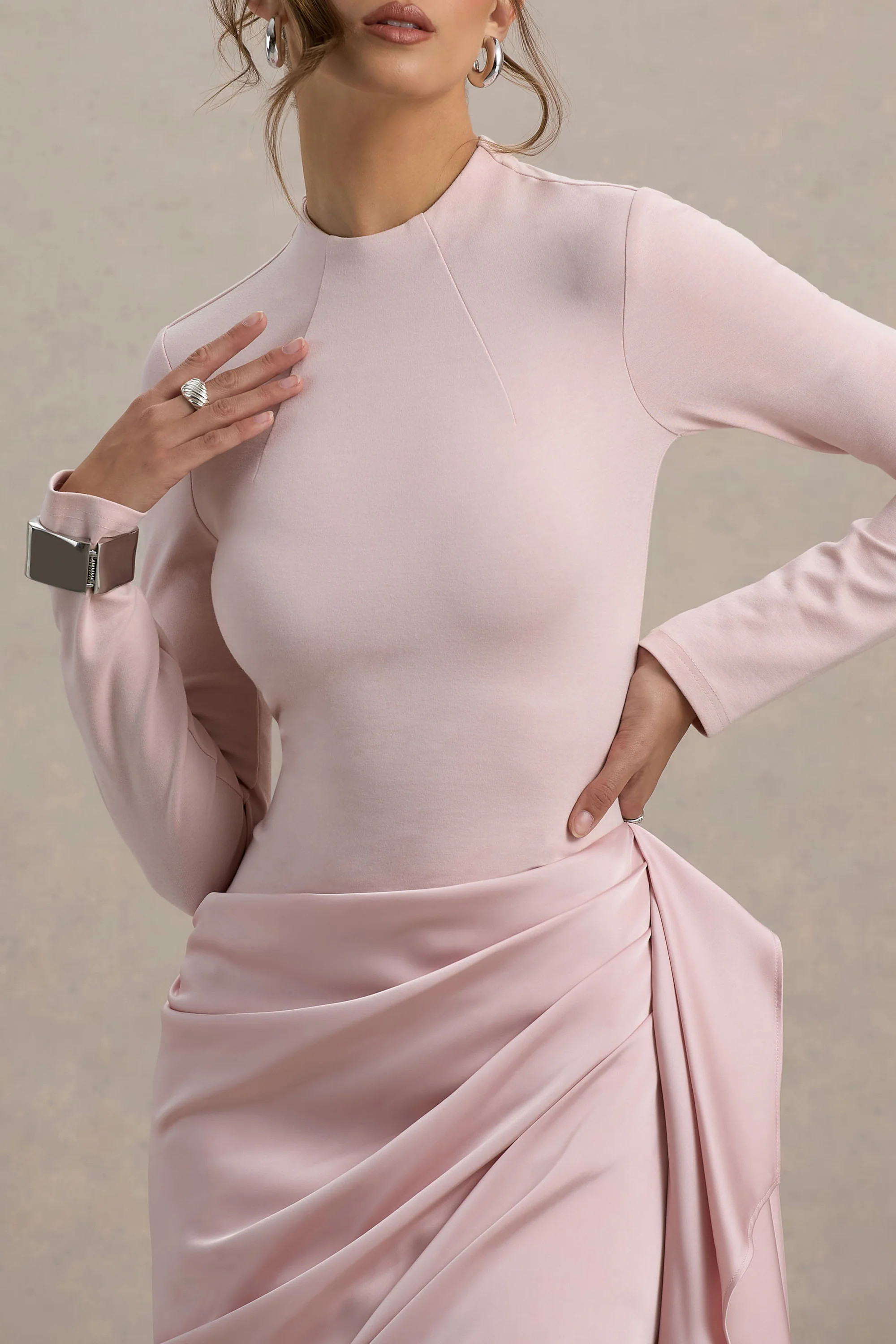 Raffie | Pink Long-Sleeve Midi Dress With Satin Wrap Skirt | Club L London
