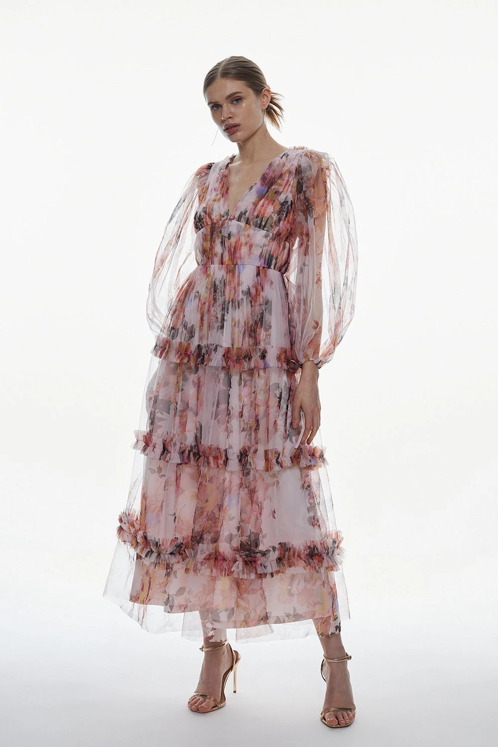 Floral Tulle Plunge Maxi Dress | Karen Millen UK + IE + DE + NL