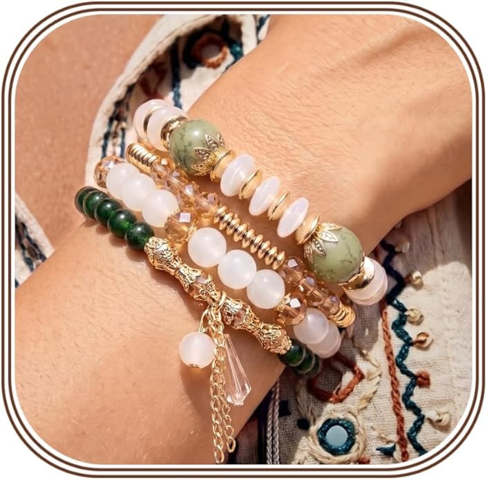 4Pcs Beaded Bracelets for Women Bohemian Bracelet Stacks Handmade Natural Stone Stretch Bracelets... | Amazon (US)