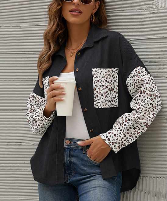 Camisa Women's Non-Denim Casual Jackets Black - Black & White Leopard Corduroy Shacket - Women & Plu | Zulily