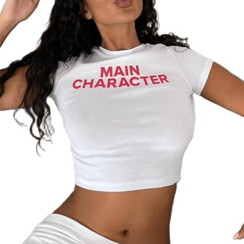 Y2K Stretchy Crop Tops for Women Slim-Fit Sexy White top Letter Print Short Sleeve Round Neck T-Shirt (Large,White) | Amazon (US)