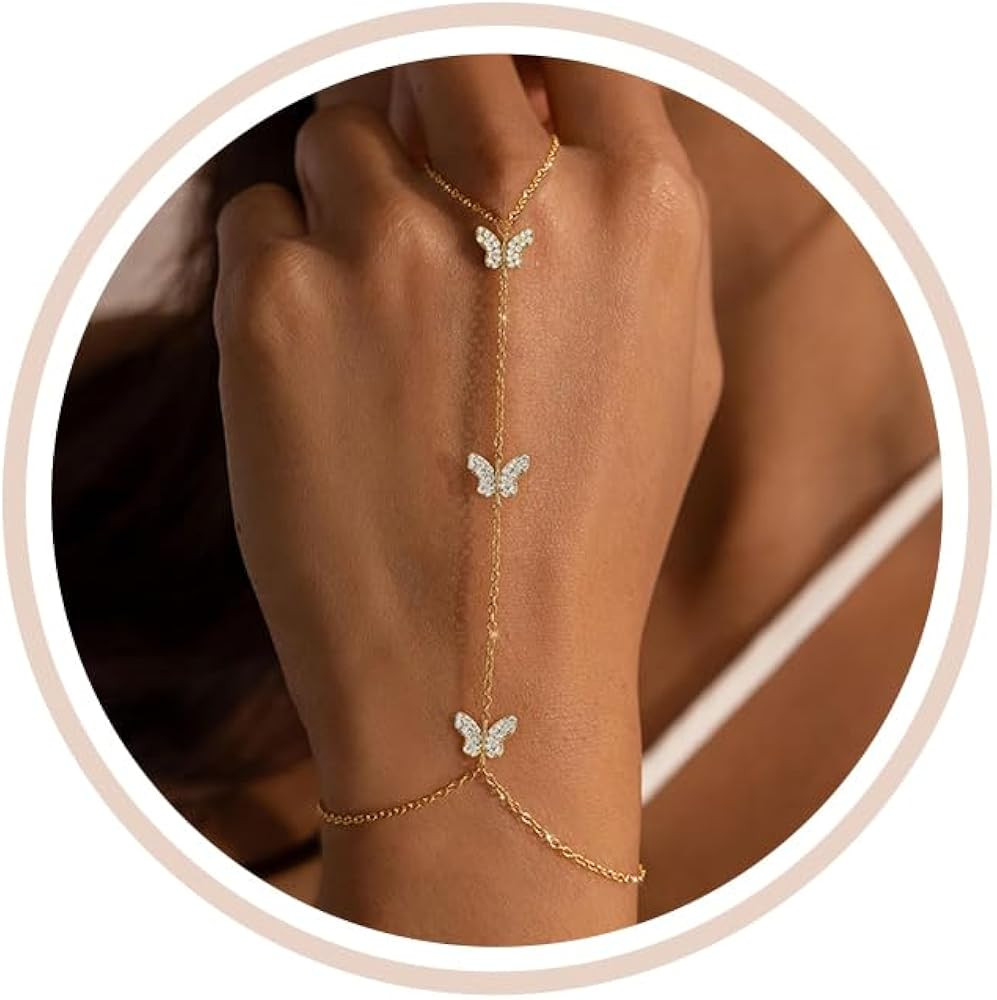 Gold Hand Chain Bracelets for Women Trendy\uff0cDainty Clover Pearl Charm Ring Bracelet Hand Chai... | Amazon (US)