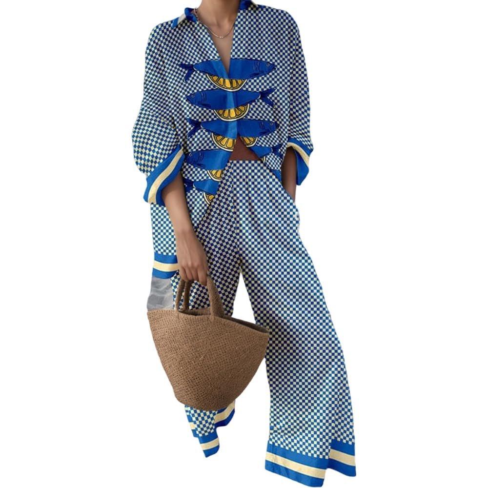 Akivide Womens Beach Vacation 2 Piece Outfits Long Sleeve Button Down Shirts and Matching Drawstr... | Amazon (US)