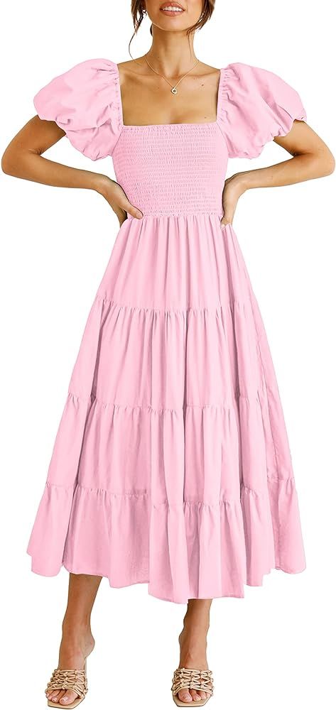 CFLONGE Women's Summer Causal Boho Dress Square Neck Puff Sleeve High Waist Ruffle Flowy A Line M... | Amazon (US)