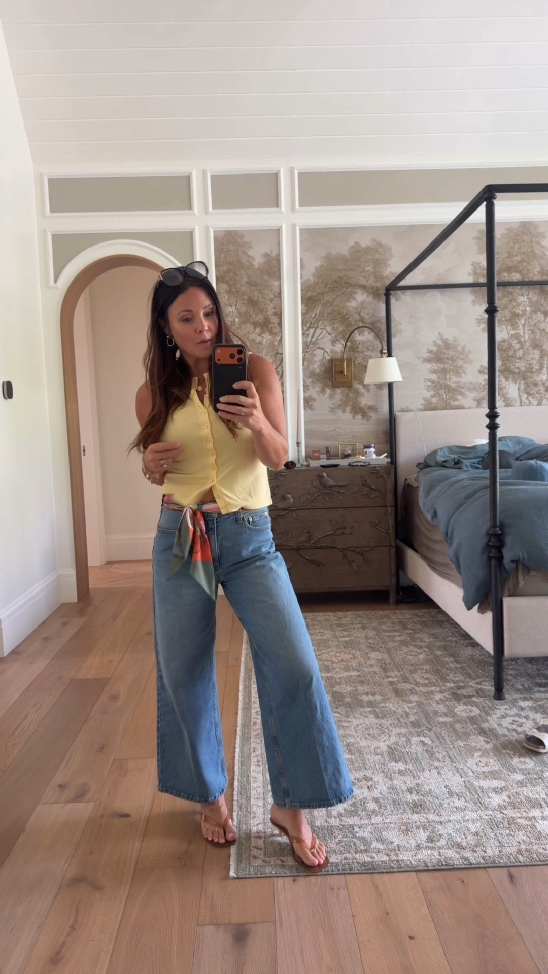 Affordable summer mom outfit. 
Crop wide leg jeans
Scarf belt 
Button up tank top and vintage sunglasses. Jelly kitten heel sandals.

#LTKSaleAlert #LTKgrwm