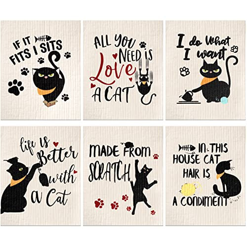 Hoolerry 6 Pcs Funny Black Cat Swedish Kitchen Dishcloths, Reusable Sponge Swedish Cleaning Cloths Washable Dish Cloths Absorbent Christmas Decorative Kitchen Towels Housewarming Gift for Bathroom | Amazon (US)