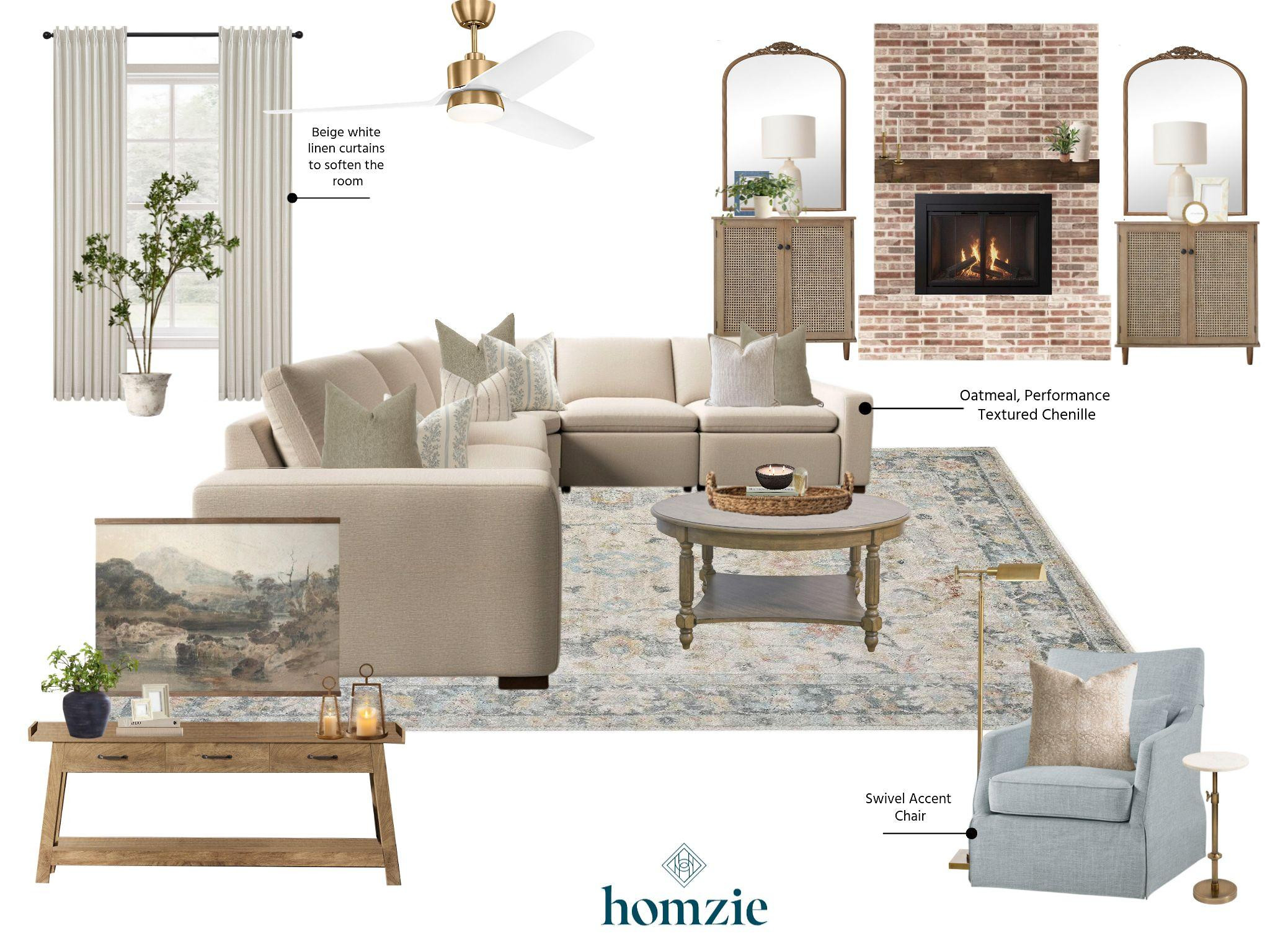 A living room designed to feel warm, functional, and effortlessly timeless. 🤍✨

Soft creams, calming blues, and subtle green accents create a fresh, inviting palette, while light wood finishes add warmth and natural texture. An oatmeal performance chenille sectional offers cozy, everyday comfort, anchored by a multi-toned neutral rug that ties the entire space together. A swivel accent chair paired with a reading lamp creates the perfect spot to unwind, while the brick fireplace serves as a timeless focal point. Optional freestanding cabinets along the fireplace wall provide added storage with tall mirrors to add height and balance, and styling opportunities without the commitment of built-ins.

Layered with texture, thoughtful furniture, and versatile finishes, this space is designed for everyday living and lasting style.

#LTKHome #LivingRoomDesign #NeutralHome #ModernLiving #TimelessInteriors #SectionalStyle #HomeDecor #InteriorDesign #CozyHome #LTKCreator 

 