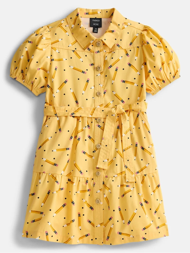 Parker Rose Girls Button Front Tie Waist Dress with Puff Sleeves, Sizes 4-18 | Walmart (US)