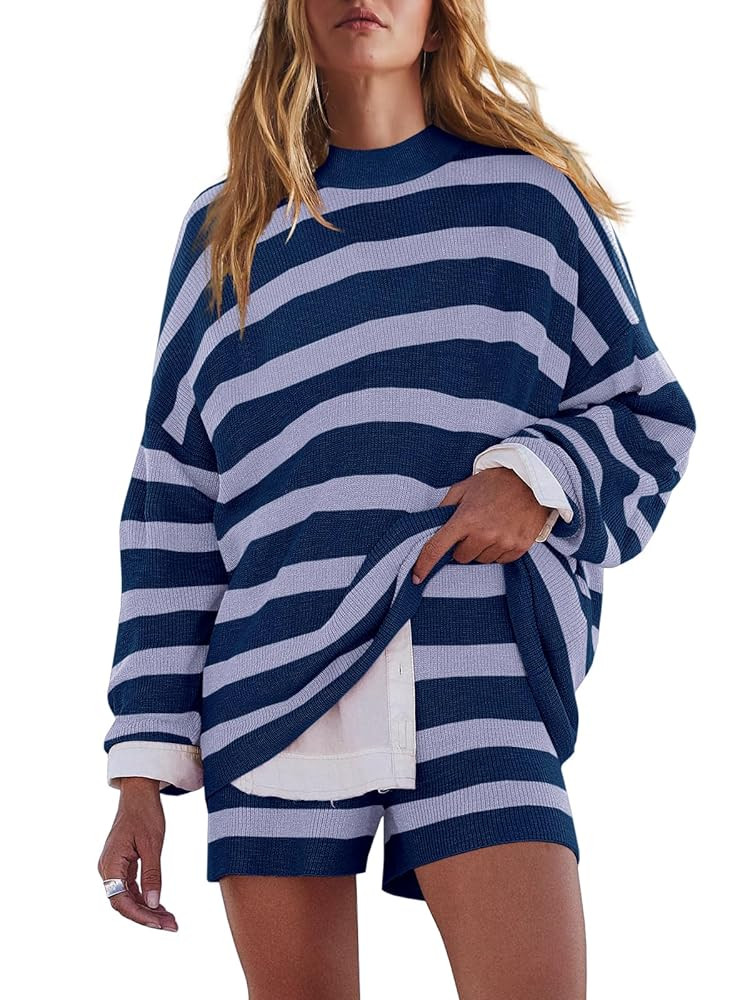 LAMISSCHE Womens Oversized Lounge Sets 2 Piece Outfits Striped Matching Pajama Set Long Sleeve Sw... | Amazon (US)