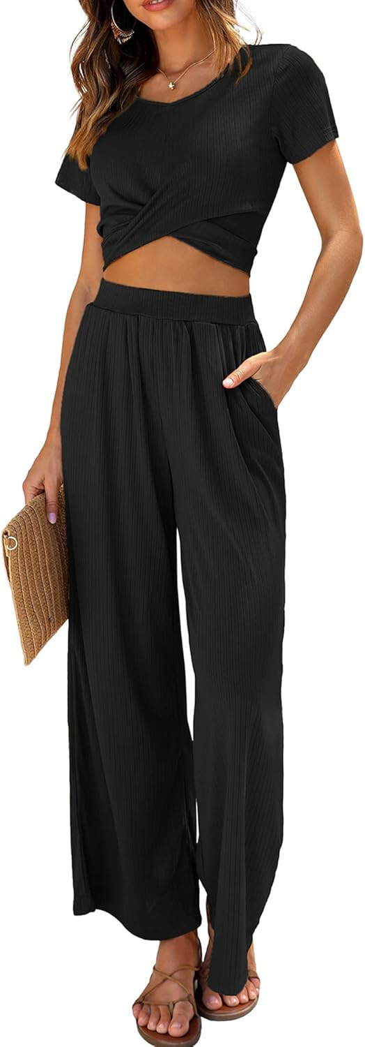 Ekouaer Womens Pajama Sets 2 Piece Lounge Set Short Sleeve Outfit Sets Ribbed Knot Crop Top Wide ... | Amazon (US)