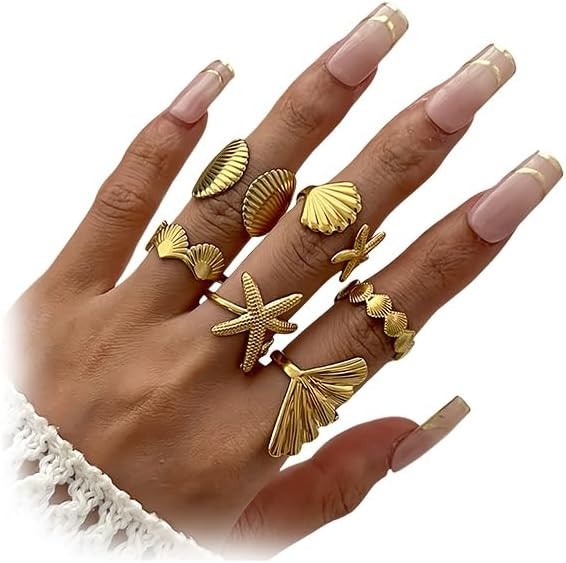 Gold Stackable Starfish Open Rings Set for Women Boho Beach Seashell Ocean Stack Knuckle Ring Pac... | Amazon (US)