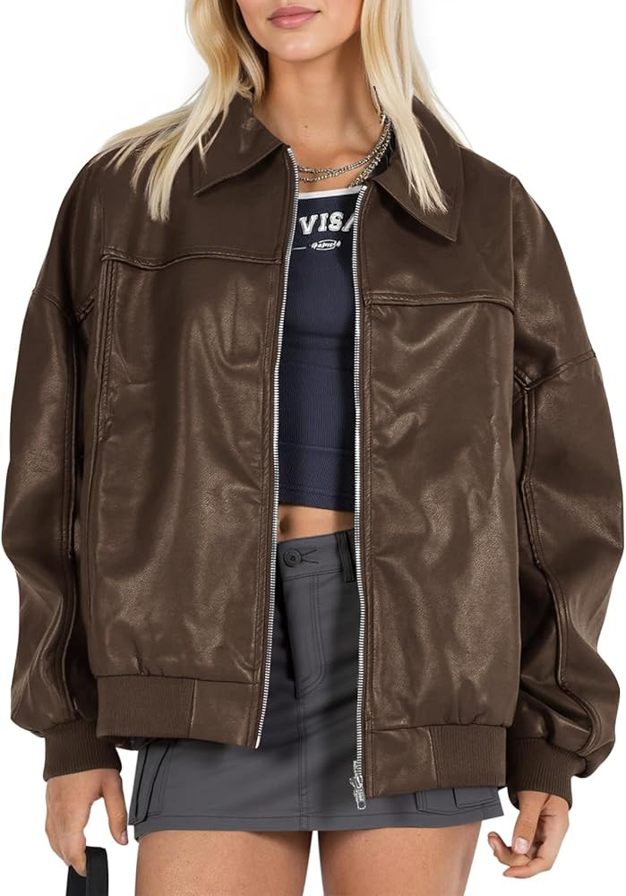 Tankaneo Womens Faux Leather Jackets Oversized Bomber Casual Fall Fashion Zip Up Moto Biker Coats | Amazon (US)