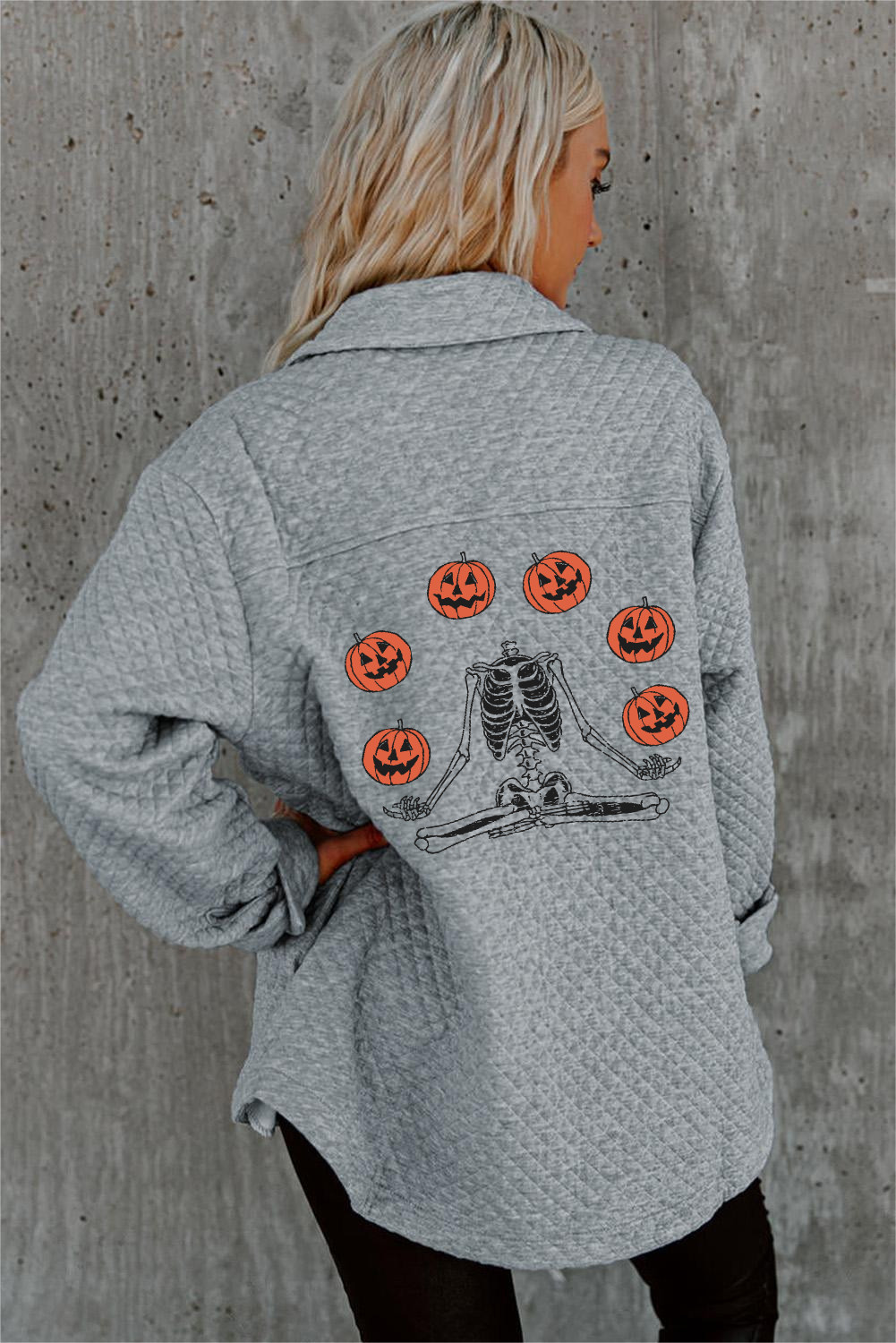 Pumpkin Skull Graphic Lattice Texture Retro Flap Pocket Button Shacket | Evaless