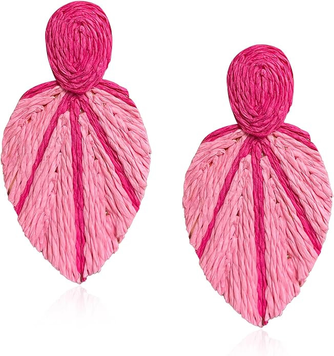 Raffia Long Leaf Earrings Colorful Handmade Rattan Leaf Drop Dangle Earrings Summer Tropical Beac... | Amazon (US)