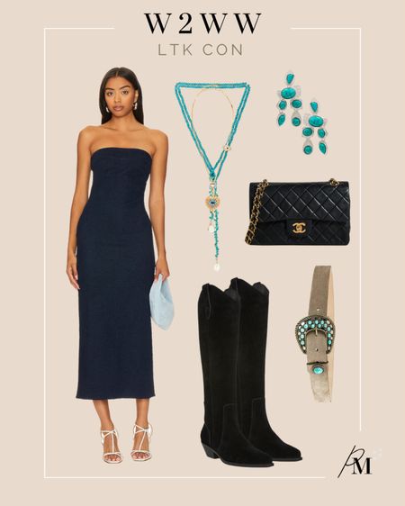 layla denim dress 
blondo black knee high boot 
turquoise jewelry 
chanel bag 
torquoise embellished belt 

#LTKshoecrush #LTKCon #LTKstyletip