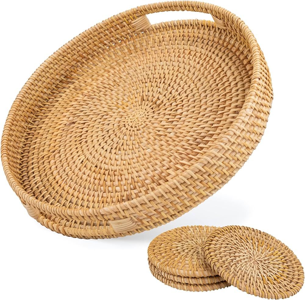 Handwoven 12.6" Large Round Rattan Serving Tray with Handles & Drink Coasters – Decorative Coff... | Amazon (US)