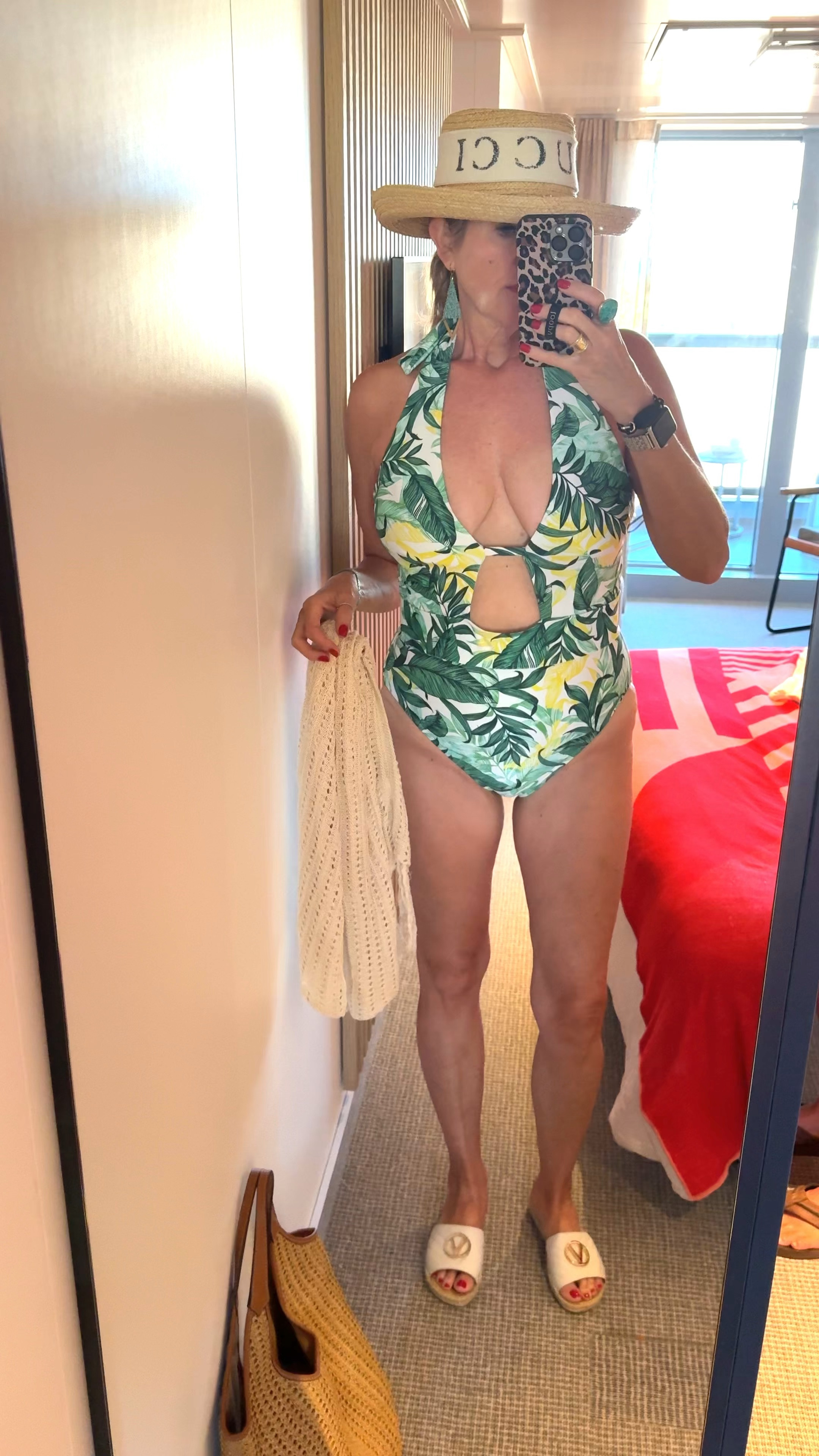 Swim suit of the day!
Tropical palm print one piece sold out:( does restock 
linked similar

Warm weather vacation 

Amazon cover up
Crochet with fringe 
Tts and so good fits tts

Valentino quilted slides 

Gig pip straw sun hat  
With a Gucci sweat band 
Both are old and not available 
Linked a similar hat 

Eric Javits straw bags

Beaded  turquoise earrings 
Beaded turquoise bracelet 
Etsy 

Kendra Scott turquoise ring 


#LTKSwim #LTKTravel #LTKFindsUnder50