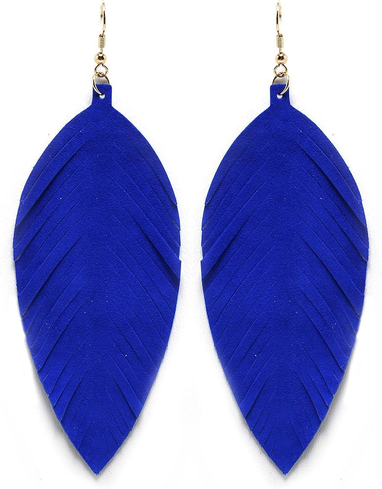 Large Genuine Soft Leather Handmade Fringe Feather Lightweight Tear Drop Dangle Color Earrings fo... | Amazon (US)