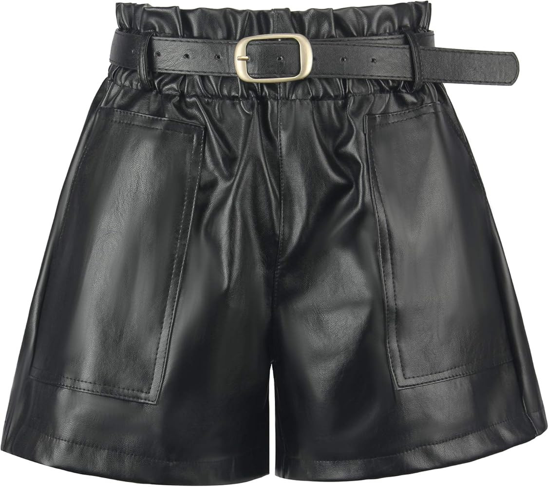 RAMISU Ladie's Casual Faux Leather Shorts High Waisted Elastic Band Belted Shorts Flared Leg Faux Le | Amazon (US)