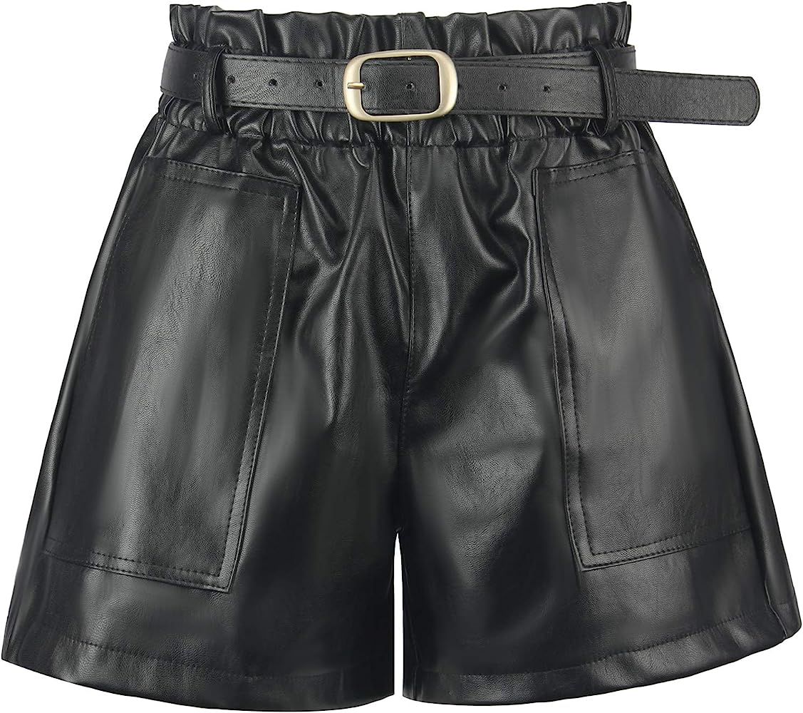 RAMISU Ladie's Casual Faux Leather Shorts High Waisted Elastic Band Belted Shorts Flared Leg Faux Le | Amazon (US)