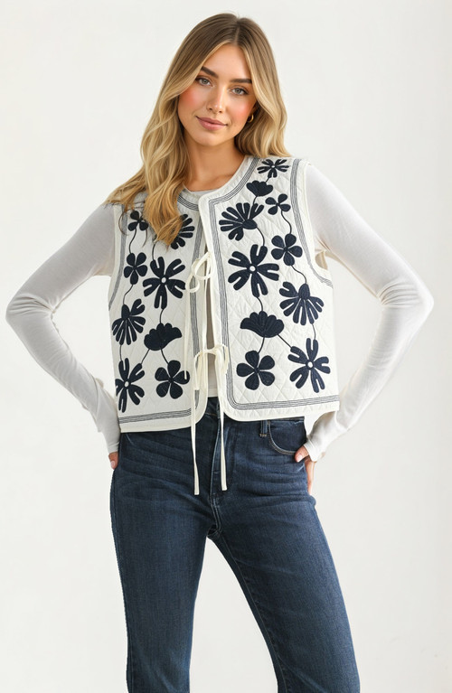 Knit and Lounge Bold Floral Embroidery Quilted Vest in White /Black Floral at Nordstrom, Size Small | Nordstrom