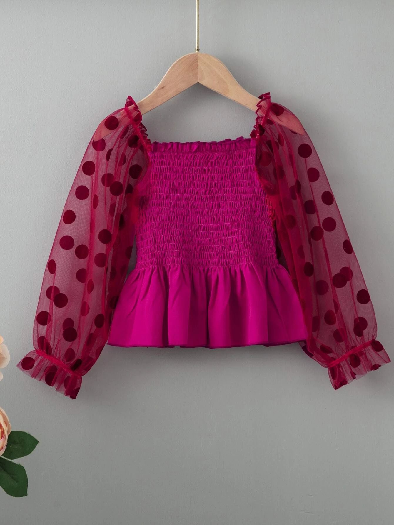 Toddler Girls Contrast Dobby Mesh Flounce Sleeve Shirred Peplum Blouse
   SKU: sk2109070166877876... | SHEIN