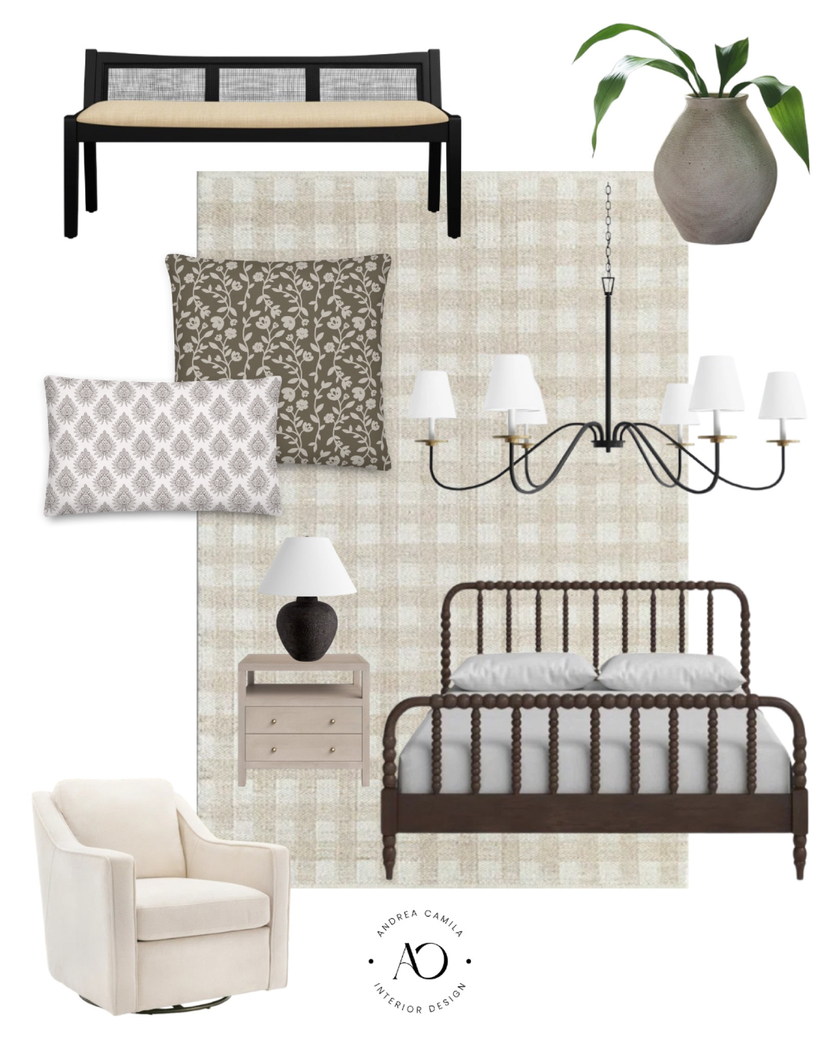 Farmhouse bedroom. Table handmade vase. Beige swivel chair. Wooden bench. Vintage table lamp. Drawer wooden nightstand. Wool area rug. Traditional chandelier candelabra. Wooden headboard bed. Farmhouse traditional bedroom. Affordable furniture. Brown pillow covers. Vintage floral pillow cover  

#LTKfamily #LTKsalealert #LTKhome