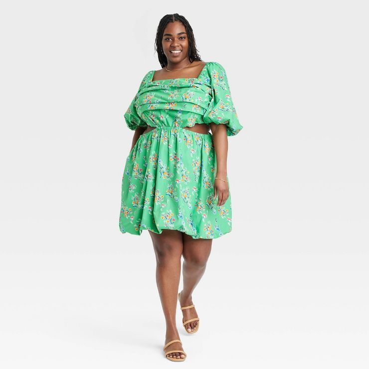 Women's Puff Short Sleeve Cut Out Bubble A-line Dress - A New Day™ Green Floral 1x : Target | Target