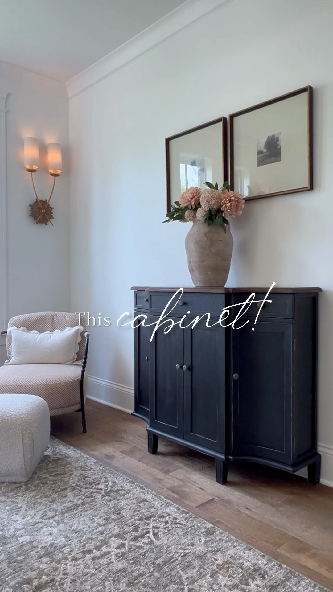 How gorgeous is this cabinet! It has ample storage with shelving and drawers and a soft black finish with a wood tone top. The finish is matte and slightly distressed. I love the lines and vintage vibes! It’s perfect for smaller spaces  

#LTKHome #LTKStyleTip #LTKSeasonal