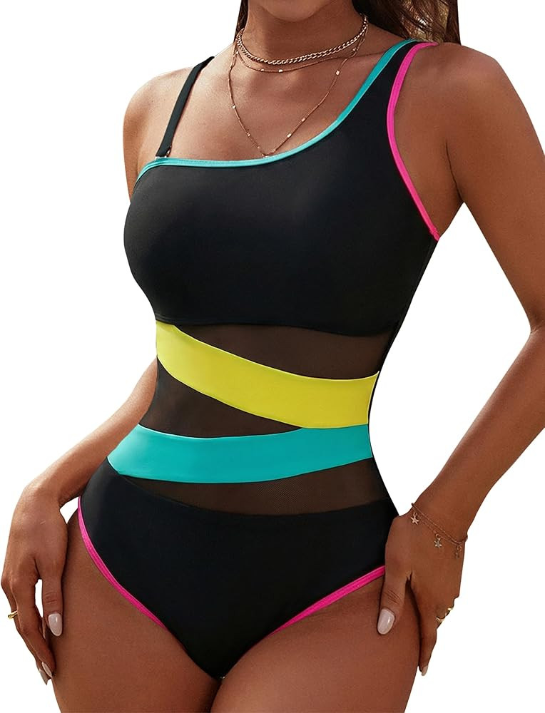 Blooming Jelly Women's Sexy One Piece Bathing Suits One Shoulder Swimsuits Slimming Mesh Swimwear | Amazon (US)
