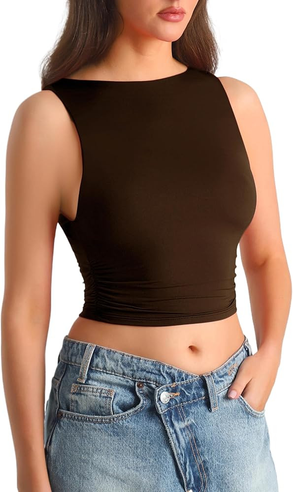 HOYAYO Women's Reversible Slim Fit Tank Top Boat Neck Sleeveless Dropped Armholes Side Ruched Dou... | Amazon (US)