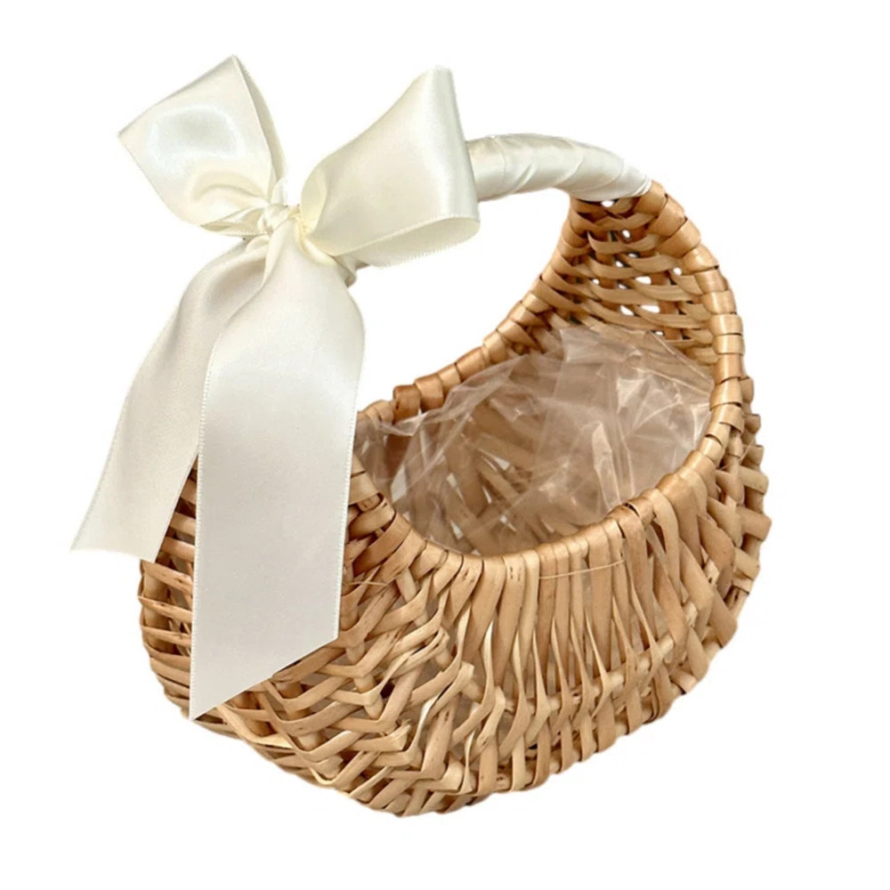 Wicker Rattan Flower Baskets Small Half Moon Wicker Basket With Handle And Ribbons Wedding Flower... | Wayfair North America