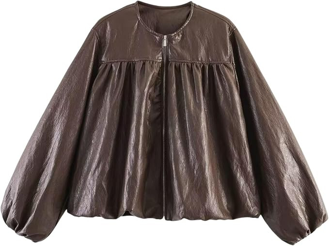 Women’s Faux Leather Bomber Jacket Casual Round Neck Pleated Balloon Sleeve Zip Up Loose Croppe... | Amazon (US)