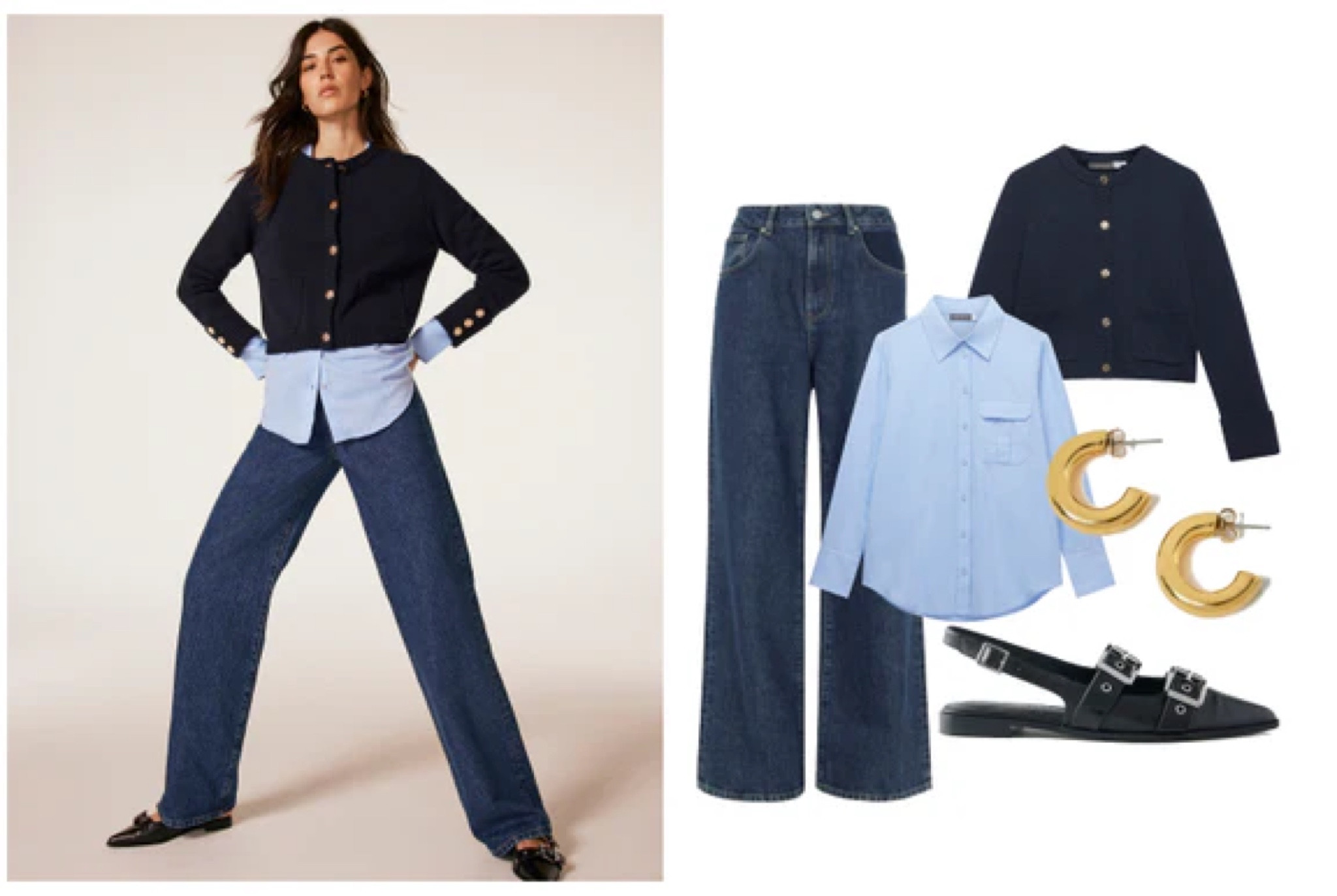 Classic effortless chic navy boucle jacket with dark denim complimented with a blue shirt & black accessories  #navy #classic #casualchic #outfitideas #wideleg 

#LTKeurope #LTKautumn #LTKuk