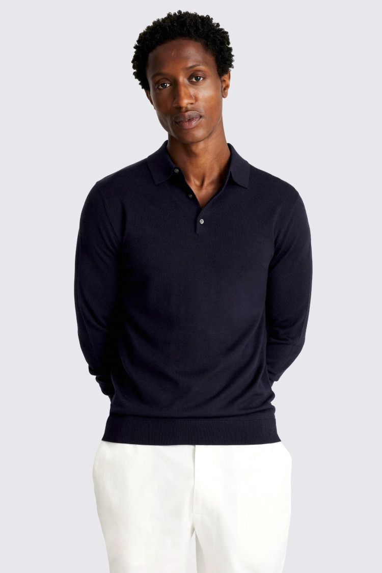Maritime Blue Merino-Blend Polo Shirt | Moss Bros Retail