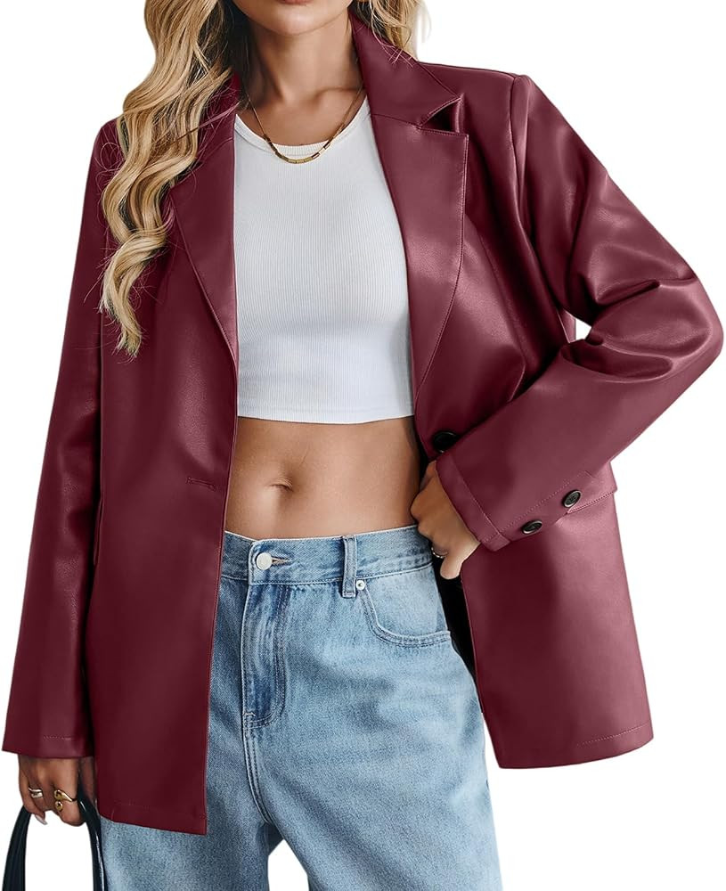 Women's Faux Leather Blazer Oversized Bomber Winter Coat Motocycle Button Down Fall Jackets with ... | Amazon (US)