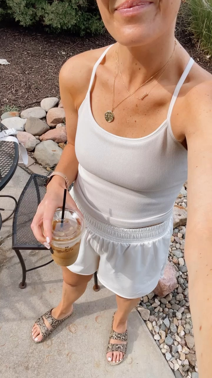 Friday mom outfit. Workout outfit. Neutral outfit. Bra tank, workout shorts, waterproof sandals, sunglasses. Casual chic. Summer style. Summer casual. Athleisure. Athletic wear  

#LTKunder50 #LTKFitness #LTKstyletip