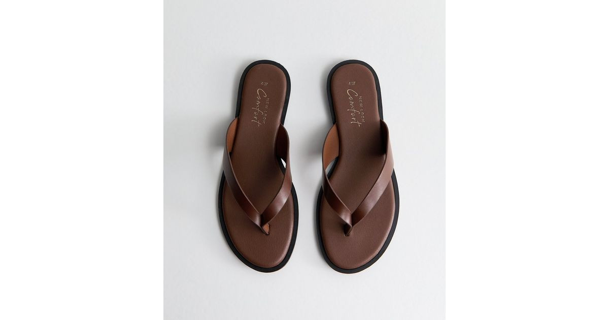 Dark Brown Faux Leather Toe Post Sandals | New Look | New Look (UK)