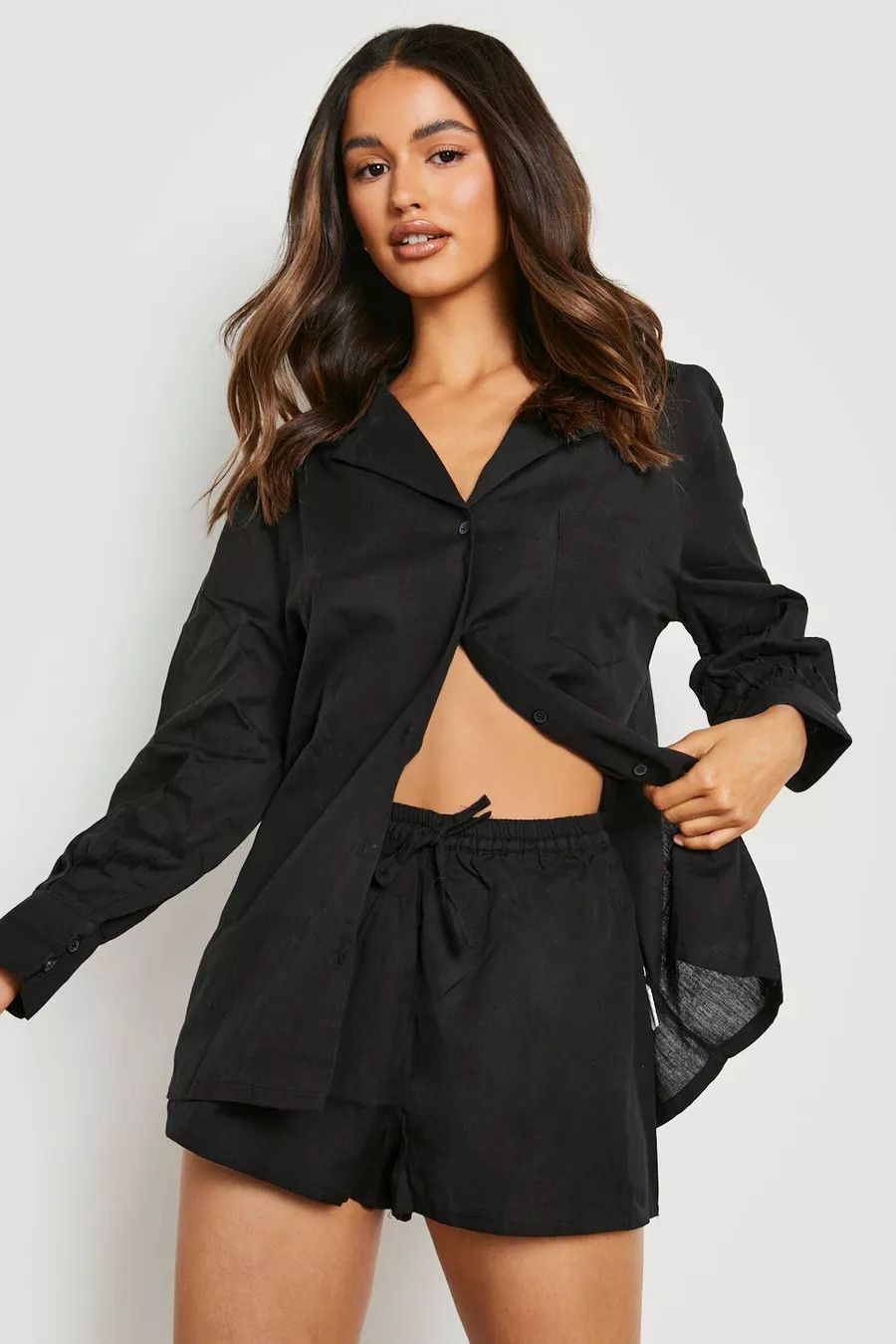 Linen Look Boyfriend Shirt & Relaxed Fit Shorts | Boohoo.com (UK & IE)