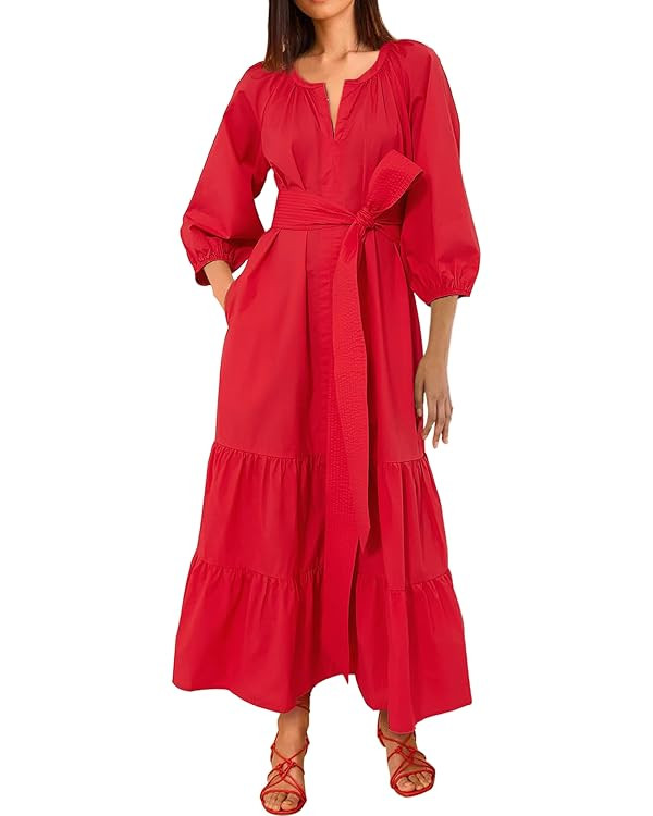 Women's Ruffle Maxi Dress Puff Sleeve Flowy Tiered Long Dress with Belt Elegant Party Dress | Amazon (US)