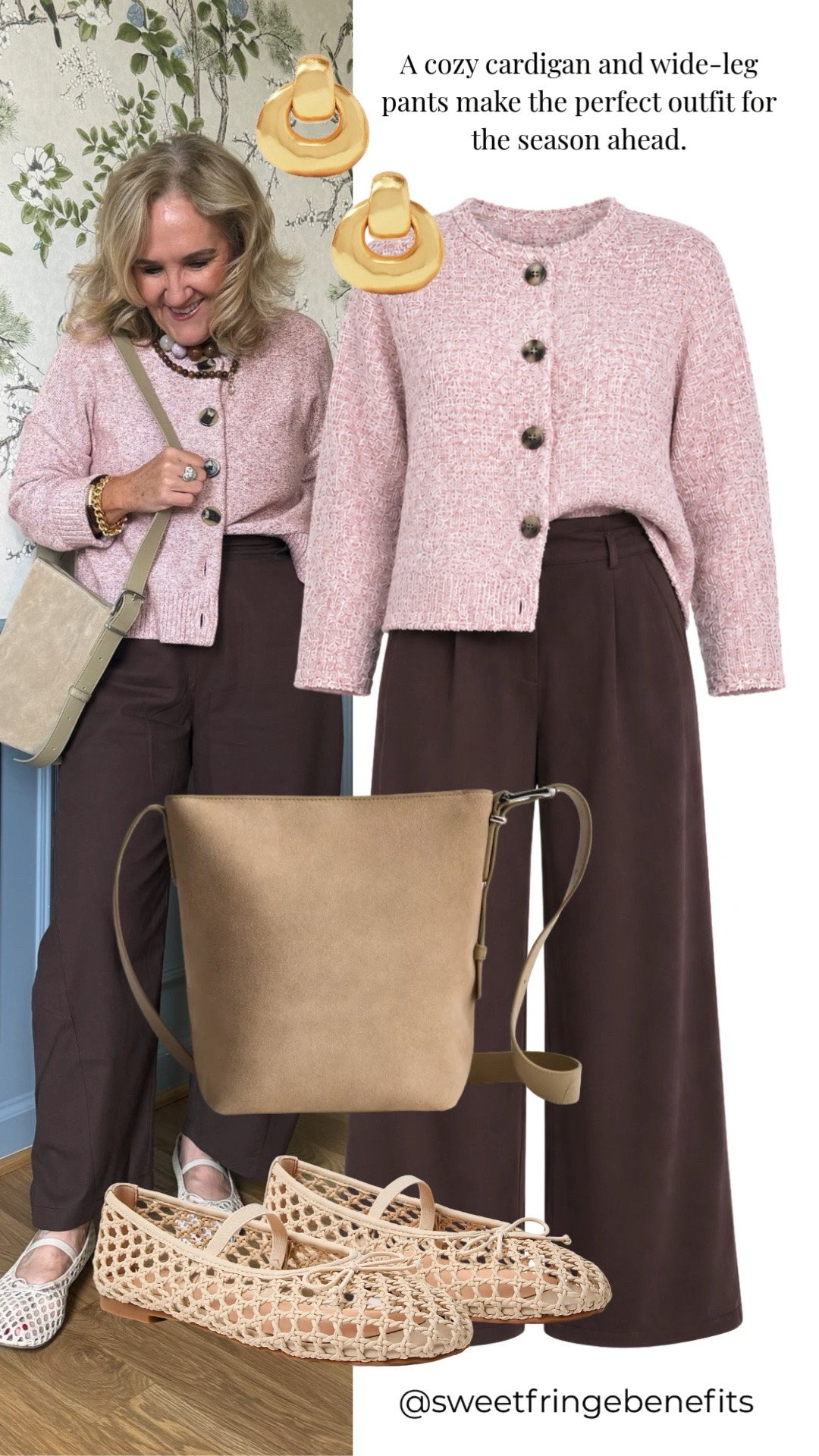 Soft blush and rich chocolate brown are the perfect pairing for the season ahead. This textured cardigan, relaxed wide-leg pants, and woven flats create an effortlessly polished outfit that's comfortable enough for everyday wear yet elevated enough for lunch dates, travel, or casual office days.

💡 LTK MADE EASY
❤️ Heart = Support my posts!
🔖 Save = Get sale & restock alerts
📋 Lists = Keep favorites organized
📲 Share = Send lists and products to a friend. Hello, Christmas List!
💬 Comment = Ask me anything about what I'm wearing. :-)

#LTKootd #LTKSeasonal #LTKOver40