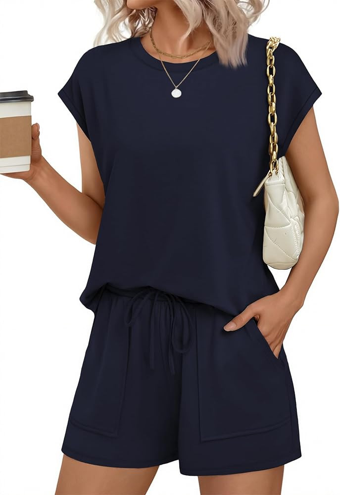 Ekouaer Two Piece Sets for Women Summer Crew Neck Lounge Short Sets Cap Sleeve Drawstring Vacatio... | Amazon (US)