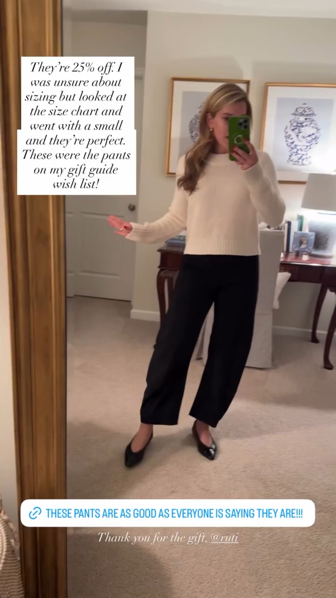 Thank you for the gift, @ruti  They’re 25% off. I was unsure about sizing but looked at the size chart and went with a small and they’re perfect. These were the pants on my gift guide wish list!