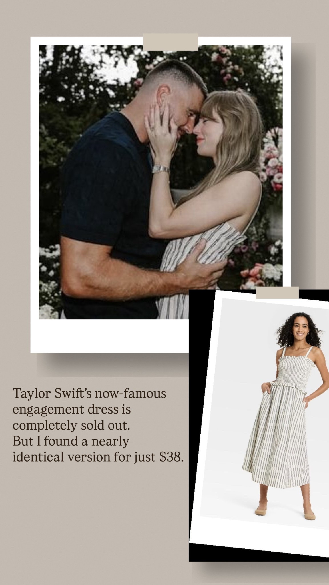 Taylor Swift’s now-famous engagement dress is completely sold out.
But I found a nearly identical version for just $38.