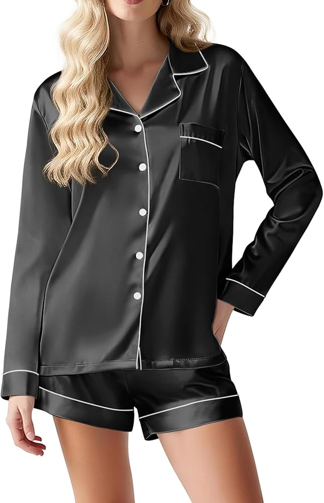 Ekouaer Satin Pajama Set for Women Button Down Pj Set Long Sleeve Top and Shorts 2 Piece Loungewe... | Amazon (US)