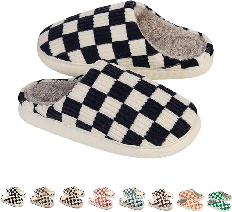 House Slippers for Women Men, Mens Slippers on Fuzzy House Slippers Memory Foam Checkered Slipper... | Amazon (US)
