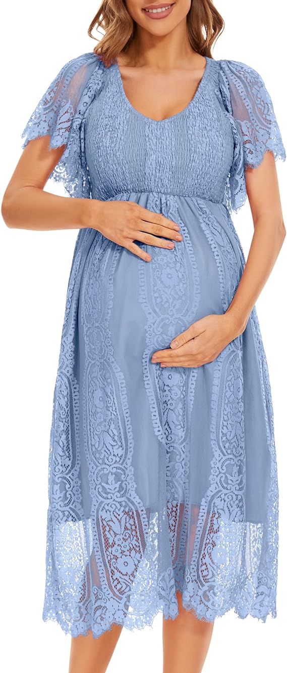 Boho Flutter Short Sleeve V-Neck Maternity Midi Dress for Baby Shower/Photoshoot/Holiday，Swiss ... | Amazon (US)