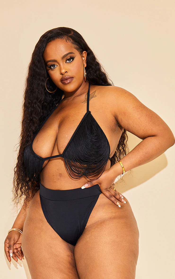 Plus Black Fringed Triangle Bikini Top | PrettyLittleThing US